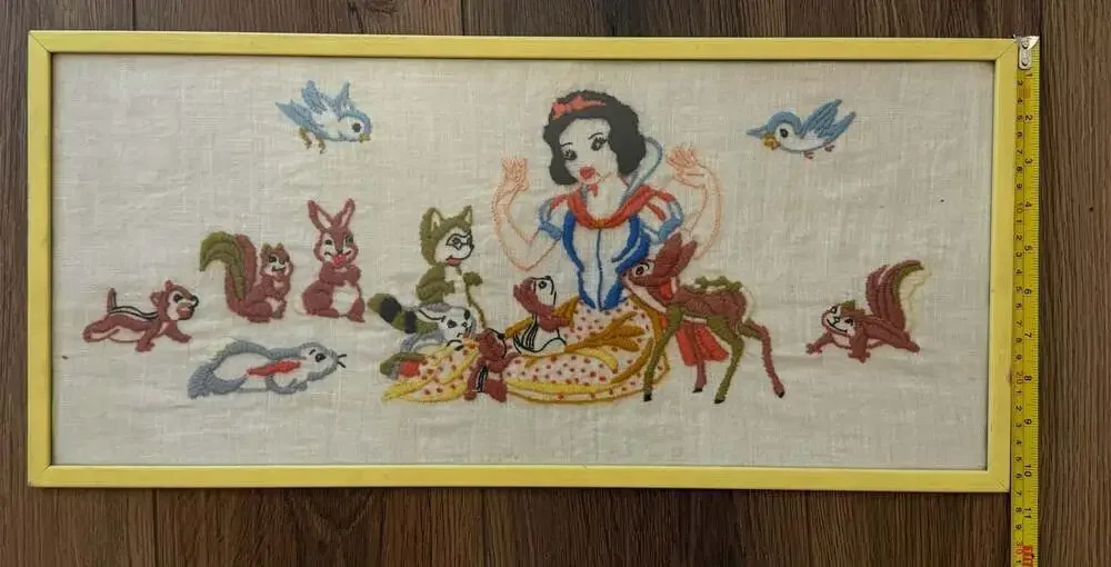 Vintage Embroidered Snow White Woodland Animals Framed Needlepoint Art